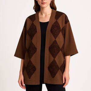 Mondi vintage cardigan oversized wool blend textured argyle knit open front 42